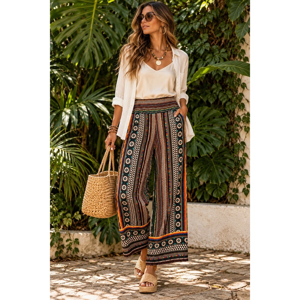Farm Rio Anthropologie Multicolor Geometric Wide Leg Crop Pants Boho Small